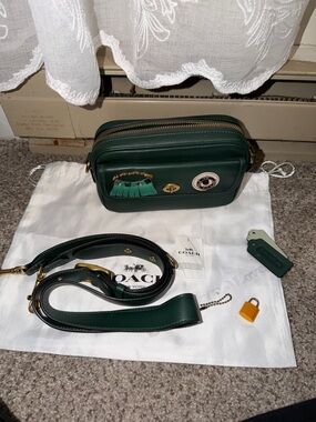 Coach Dark Green Leather Camera Crossbody with Tassel Charm, Lock and Dust Bag.